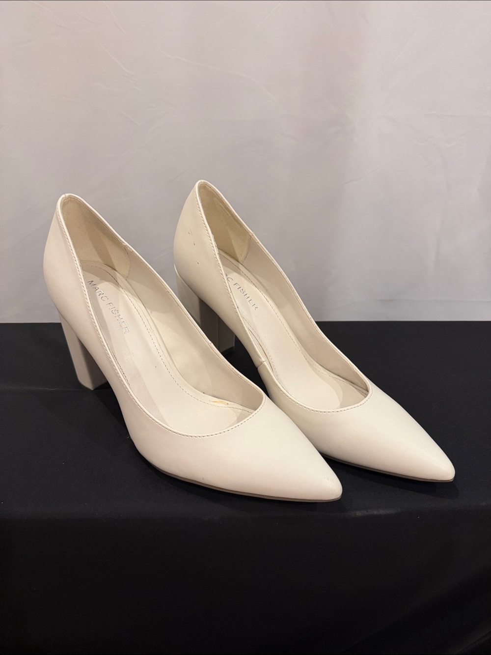 Marc Fisher Cream Pointed-Toe Block Heel Pumps. - Buttery soft leather